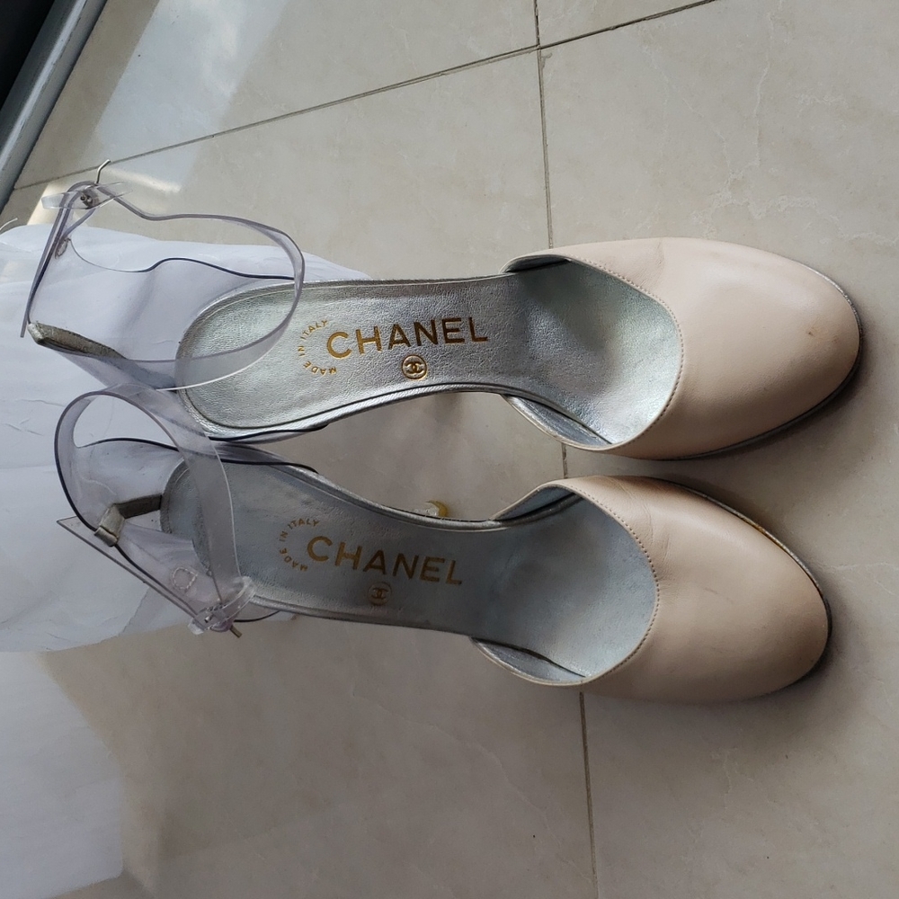 Chanel lucite clear and beige heels, size 36.